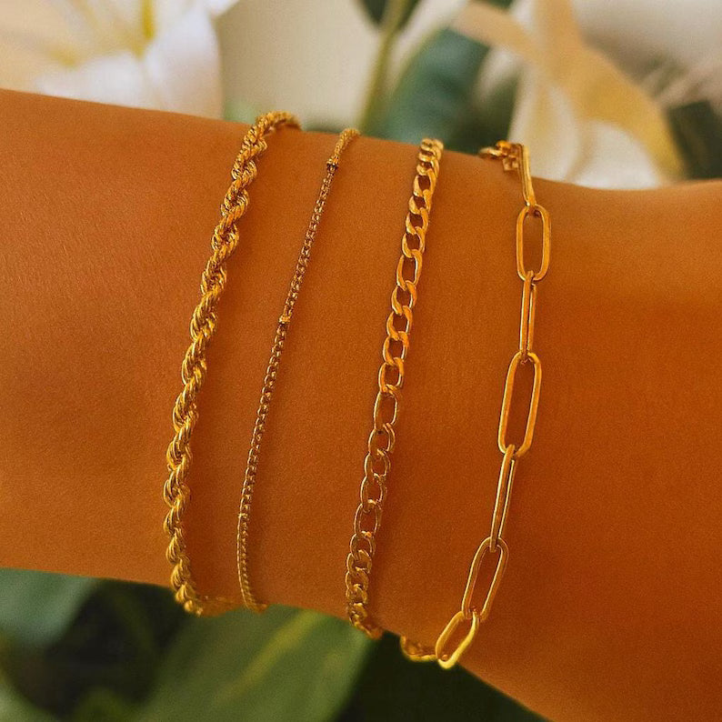 Women’s Gold Stainless Steel Dainty Bracelet Set – Paperclip, Figaro, Rope & Satellite Chain Layered Bracelets Minimalist Waterproof Jewelry